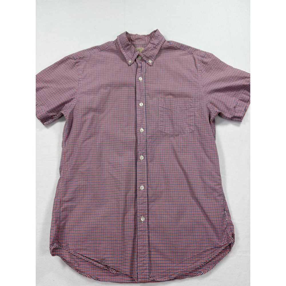 J.Crew Mens M Short Sleeve Gingham Button Down Shirt orange Blue 100%‎ Cotton